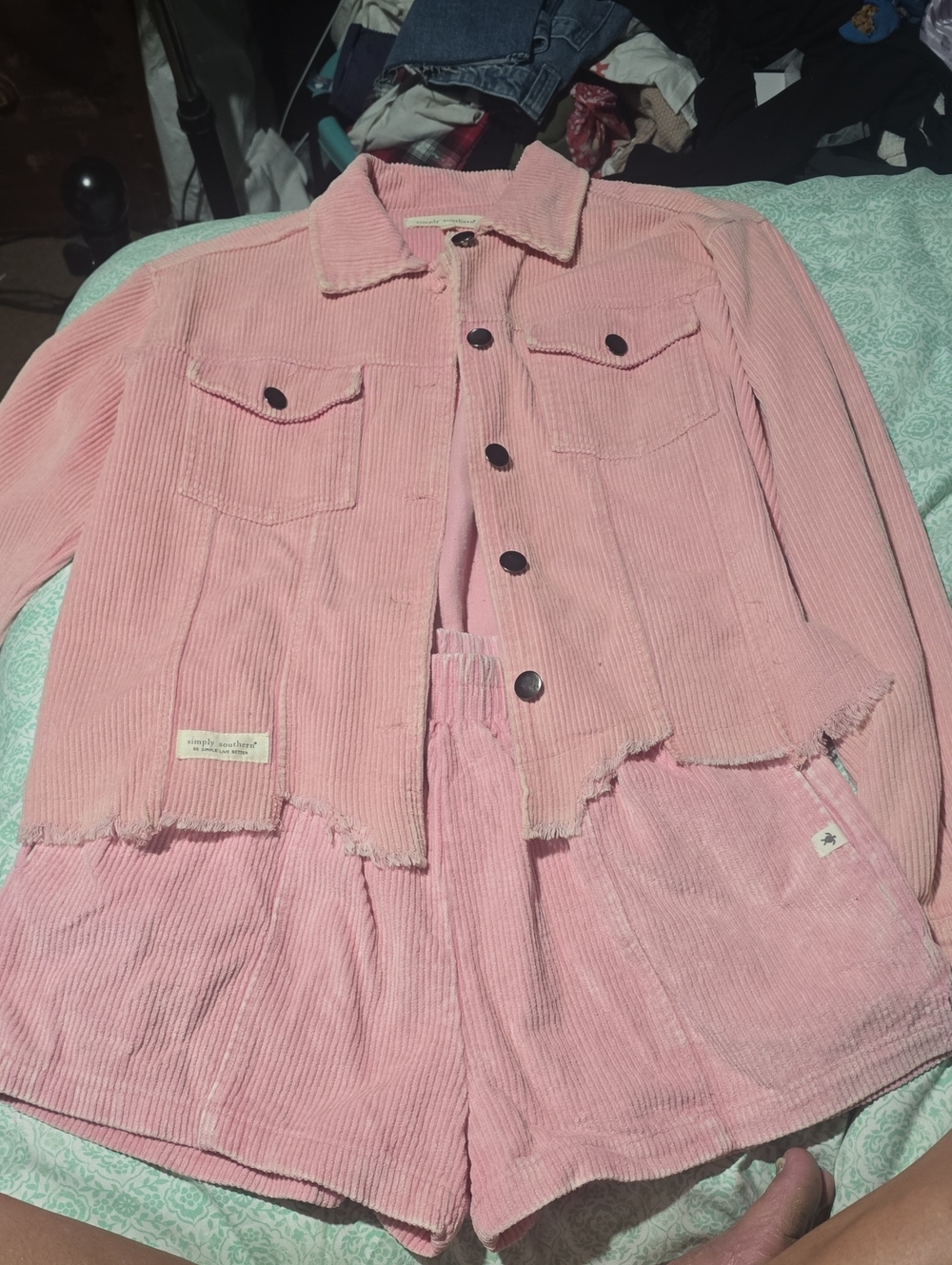 Simply Southern Pink Corduroy Button Jacket Small With Matching Shorts Xs